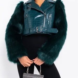 leather jacket with fur sleeves SOLD
